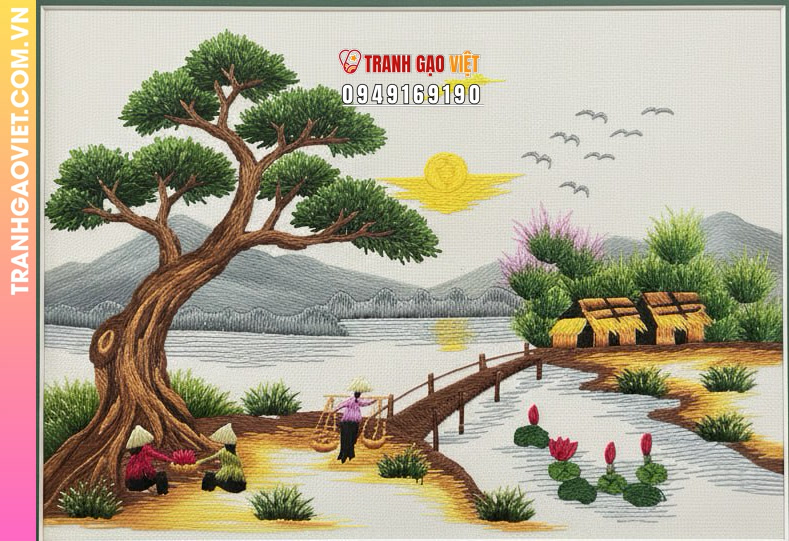 Tranh Thêu Phong Cảnh Làng Quê Dưới Gốc Đa Cổ Thụ - Ảnh 2