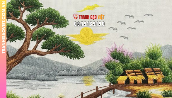 Tranh Thêu Phong Cảnh Làng Quê Dưới Gốc Đa Cổ Thụ - Ảnh 3