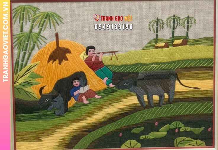 Tranh Thêu Mục Đồng Thổi Sáo Và Đọc Sách Bên Lưng Trâu - Ảnh 2
