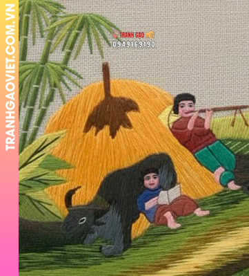 Tranh Thêu Mục Đồng Thổi Sáo Và Đọc Sách Bên Lưng Trâu - Ảnh 3