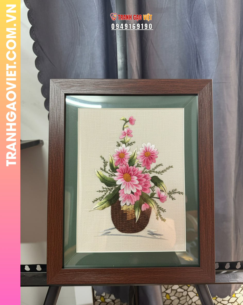 Tranh Thêu Giỏ Hoa Đồng Tiền Hồng Thắm - Ảnh 2