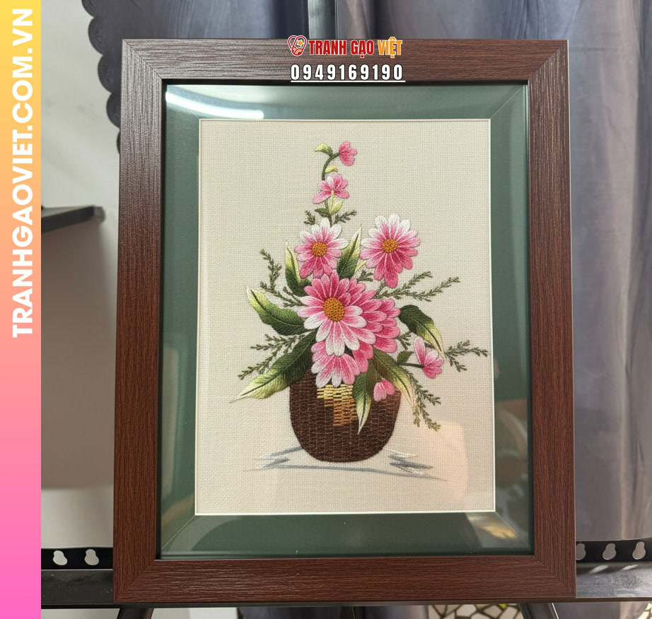 Tranh Thêu Giỏ Hoa Đồng Tiền Hồng Thắm