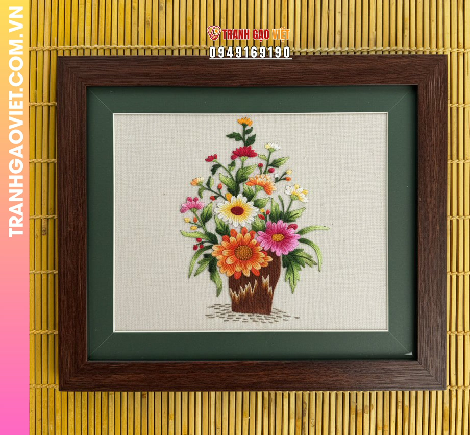 Tranh Thêu Bình Hoa Hồng Và Cúc Họa Mi