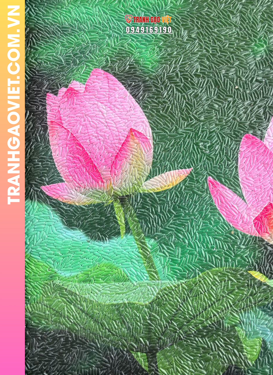 Tranh gạo Hoa sen nở rộ (size 25 x 25cm - khung nâu sần) - Ảnh 2