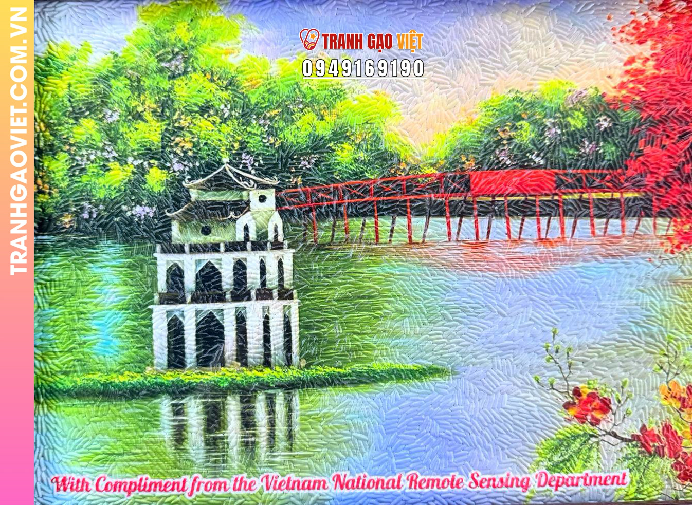 Tranh gạo màu Góc hồ gươm (size 25x35 - khung nâu sần) - Ảnh 2