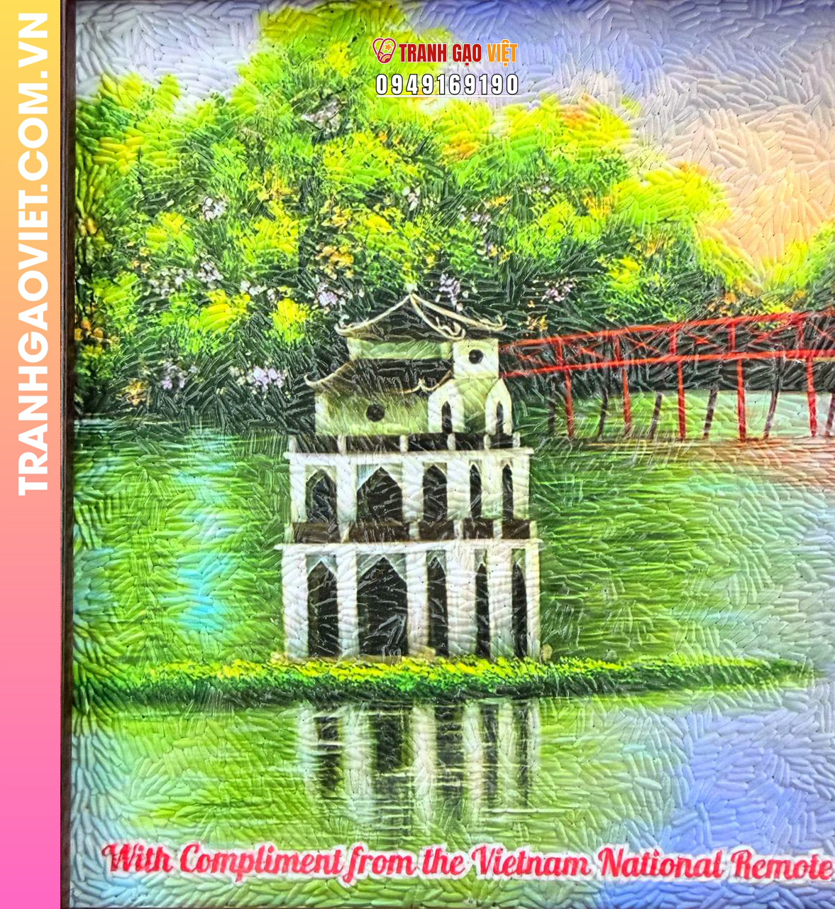 Tranh gạo màu Góc hồ gươm (size 25x35 - khung nâu sần) - Ảnh 3