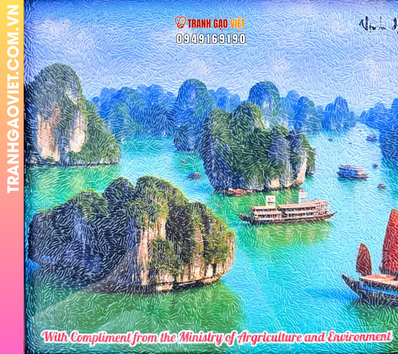 Tranh gạo màu Phong cảnh Vịnh Hạ Long (size 30x40 - khung nâu sần) - Ảnh 2