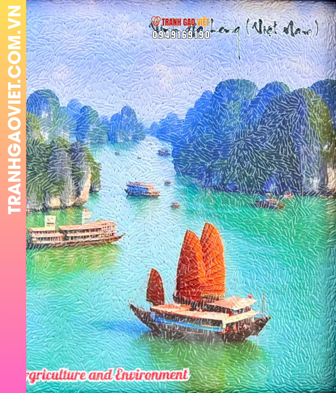 Tranh gạo màu Phong cảnh Vịnh Hạ Long (size 30x40 - khung nâu sần) - Ảnh 3