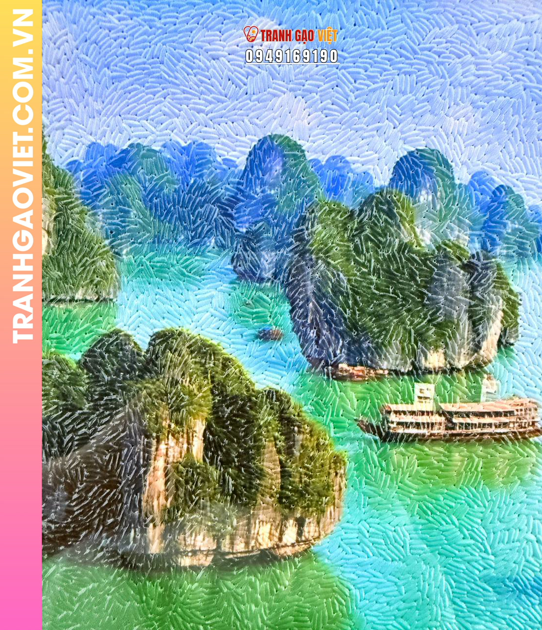 Tranh gạo màu Phong cảnh Vịnh Hạ Long (size 30x40 - khung nâu sần) - Ảnh 4