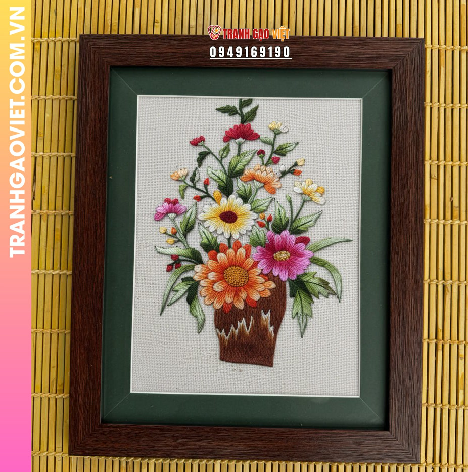Tranh Thêu Bình Hoa Cúc Đa Sắc Màu