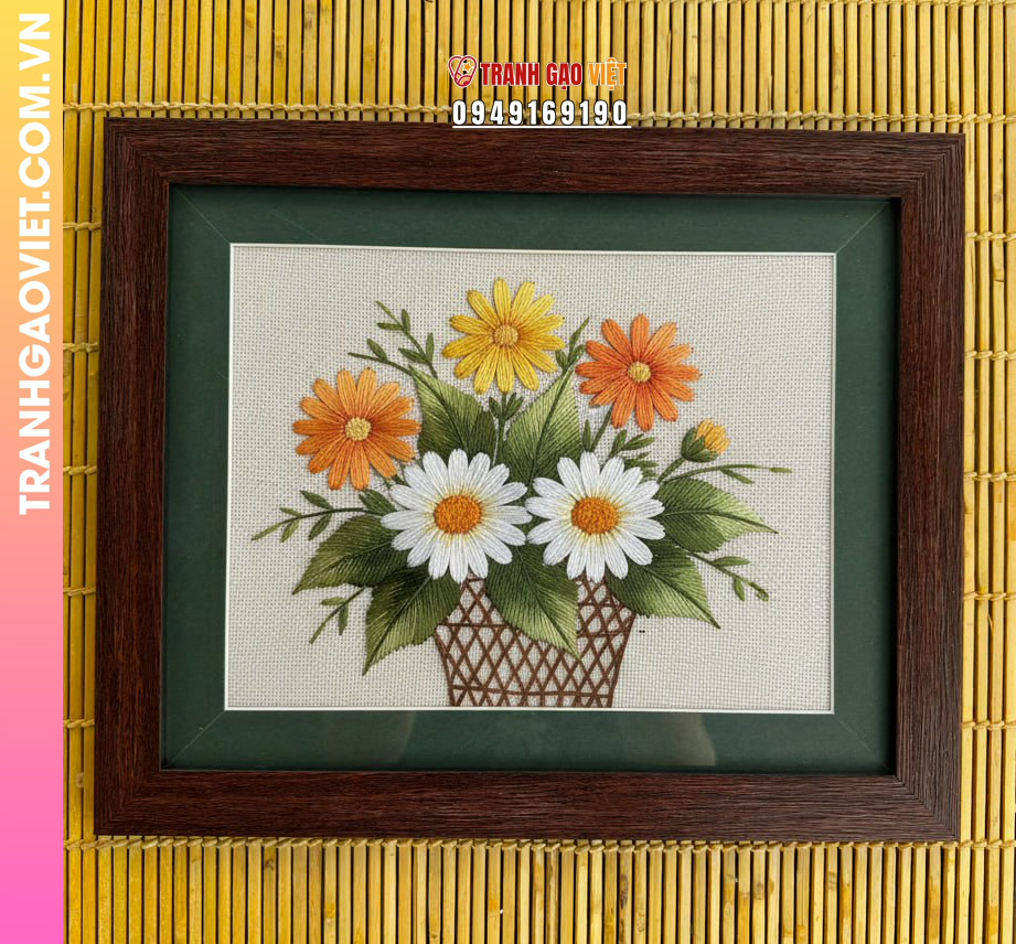 Tranh Thêu Bình Hoa Hồng Và Cúc Đa Sắc