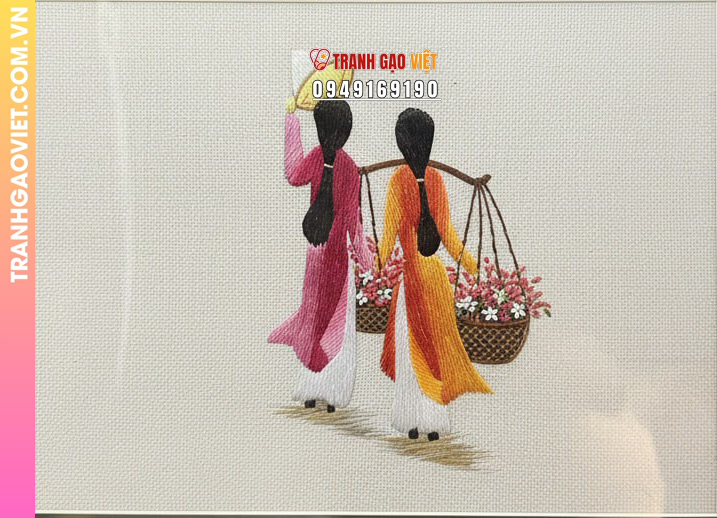 Tranh Thêu Cô Gái Gánh Hoa Nghệ Thuật Nhẹ Nhàng Đậm Chất Truyền Thống - Ảnh 2