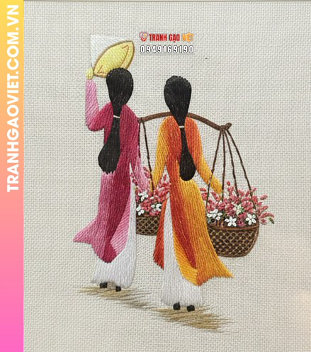 Tranh Thêu Cô Gái Gánh Hoa Nghệ Thuật Nhẹ Nhàng Đậm Chất Truyền Thống - Ảnh 3