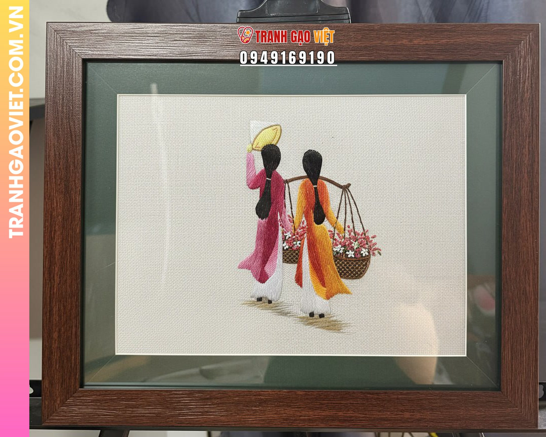 Tranh Thêu Cô Gái Gánh Hoa Nghệ Thuật Nhẹ Nhàng Đậm Chất Truyền Thống