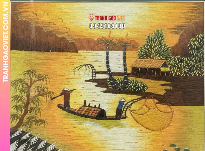Tranh Thêu Phong Cảnh Làng Quê Hoàng Hôn Nghệ Thuật Bình Yên Đậm Chất Việt - Ảnh 2