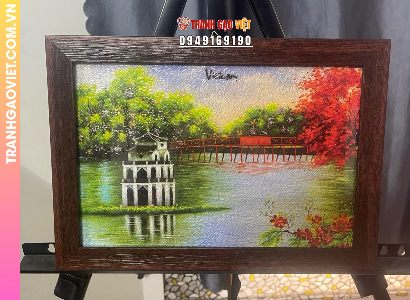 Tranh gạo màu Tháp Rùa Hà Nội bản kích cỡ 20x30 cm