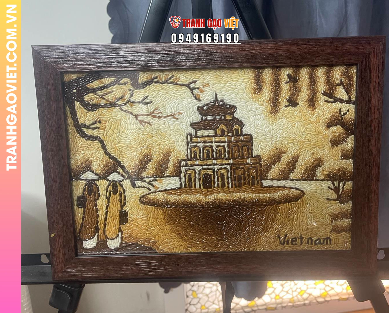 Tranh gạo xếp hình Tháp Rùa Cổ Kính bản cỡ 20x30cm