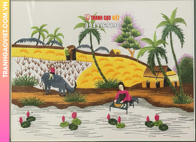 Tranh Thêu Phong Cảnh Đồng Quê Việt Nam Mộc Mạc Yên Bình Nghệ Thuật Tinh Tế - Ảnh 2