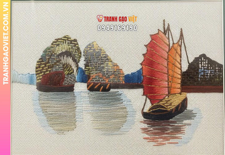 Tranh Thêu Thuyền Buồm Vịnh Hạ Long Nghệ Thuật Tinh Tế Cảnh Biển Việt Nam - Ảnh 2