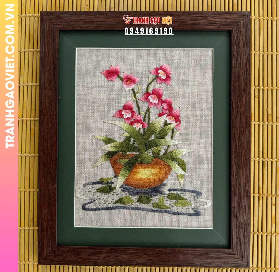 Tranh Thêu Hoa Lan Hồng Nghệ Thuật Tinh Tế Thanh Lịch Trang Trí Không Gian