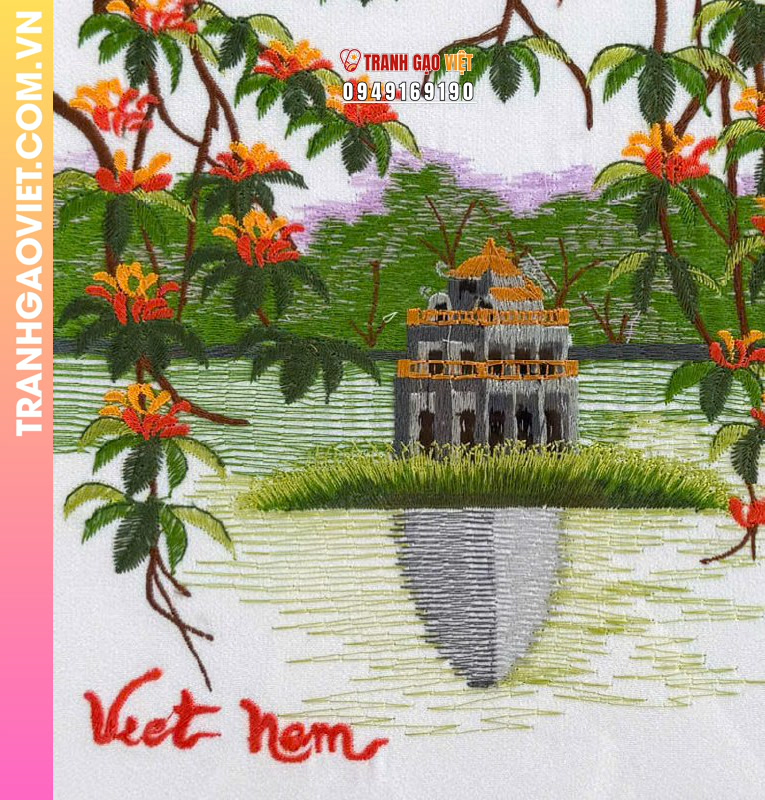 Tranh Thêu Tháp Rùa Hồ Gươm Và Hoa Lộc Vừng Rực Rỡ - Ảnh 3