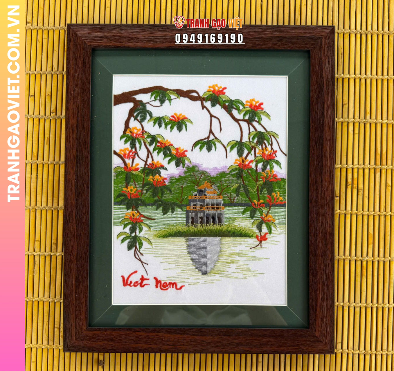 Tranh Thêu Tháp Rùa Hồ Gươm Và Hoa Lộc Vừng Rực Rỡ