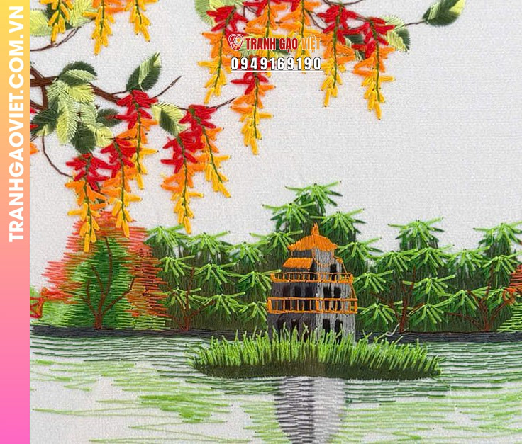 Tranh thêu Hồ Gươm mùa hoa lộc vừng - Ảnh 3