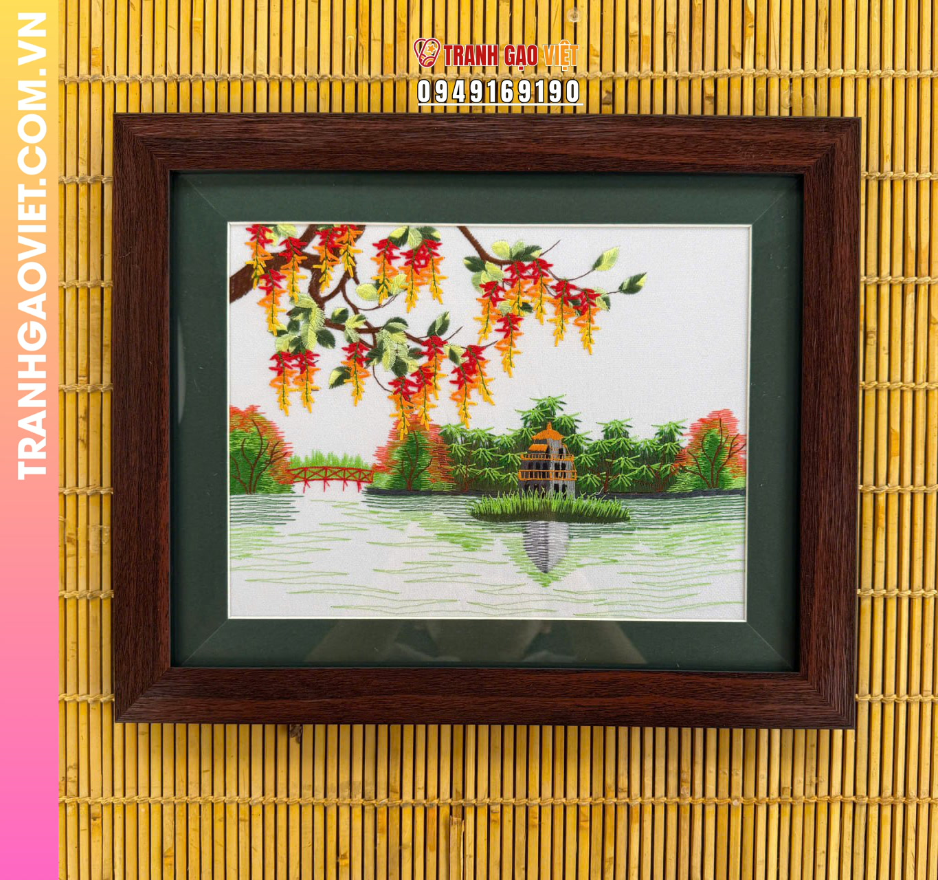 Tranh thêu Hồ Gươm mùa hoa lộc vừng