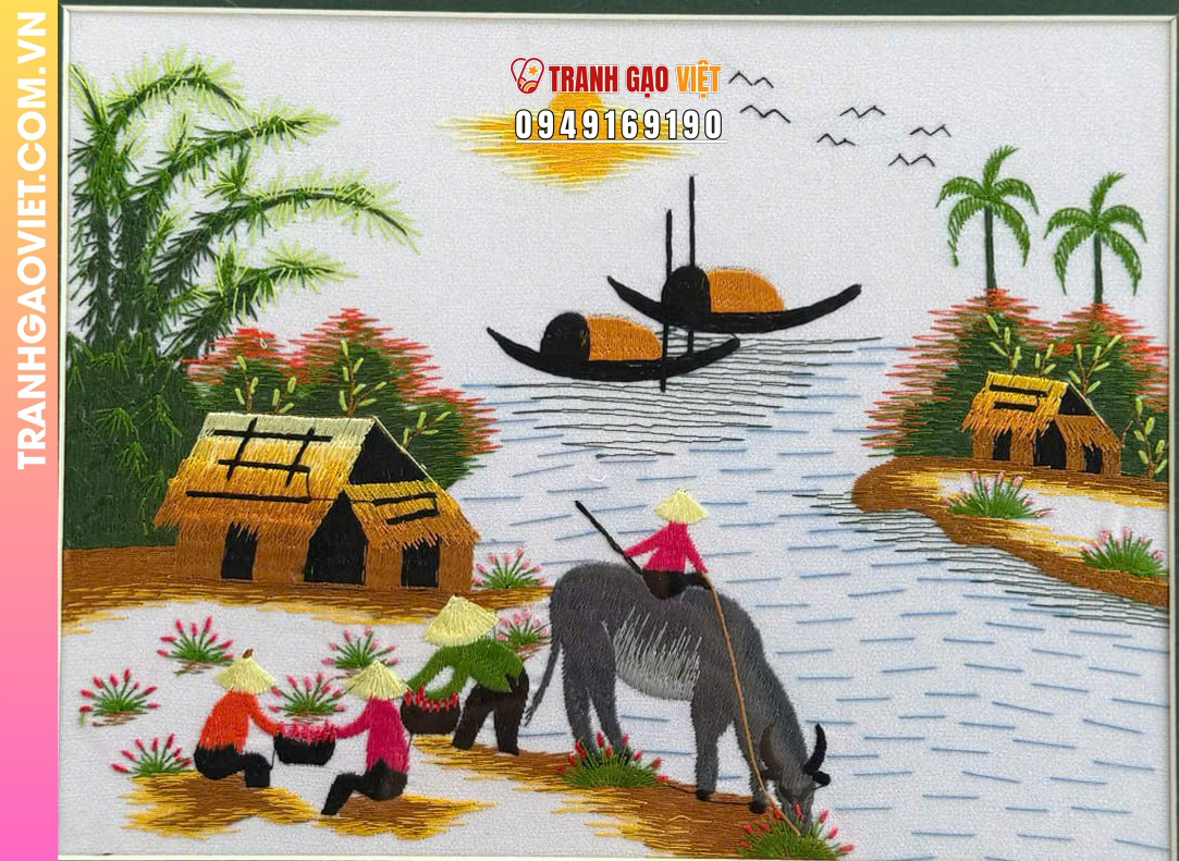 Tranh thêu tay nghệ thuật cảnh chiều quê yên bình - Ảnh 2