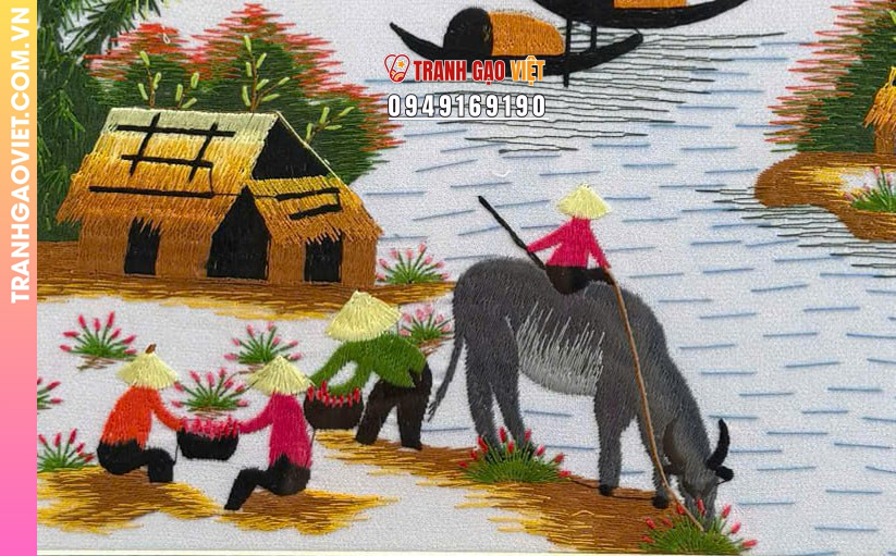 Tranh thêu tay nghệ thuật cảnh chiều quê yên bình - Ảnh 3