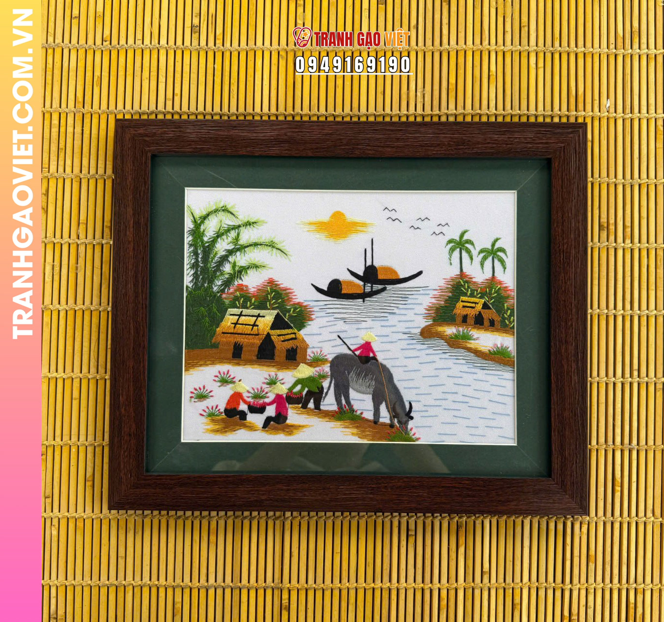 Tranh thêu tay nghệ thuật cảnh chiều quê yên bình