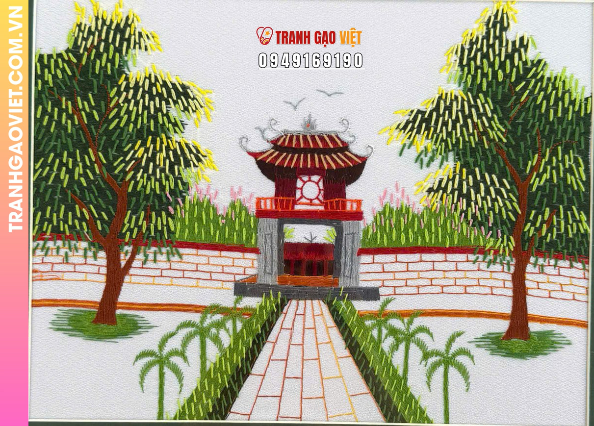 Tranh thêu tay Khuê Văn Các Văn Miếu Quốc Tử Giám Hà Nội size ngang - Ảnh 2