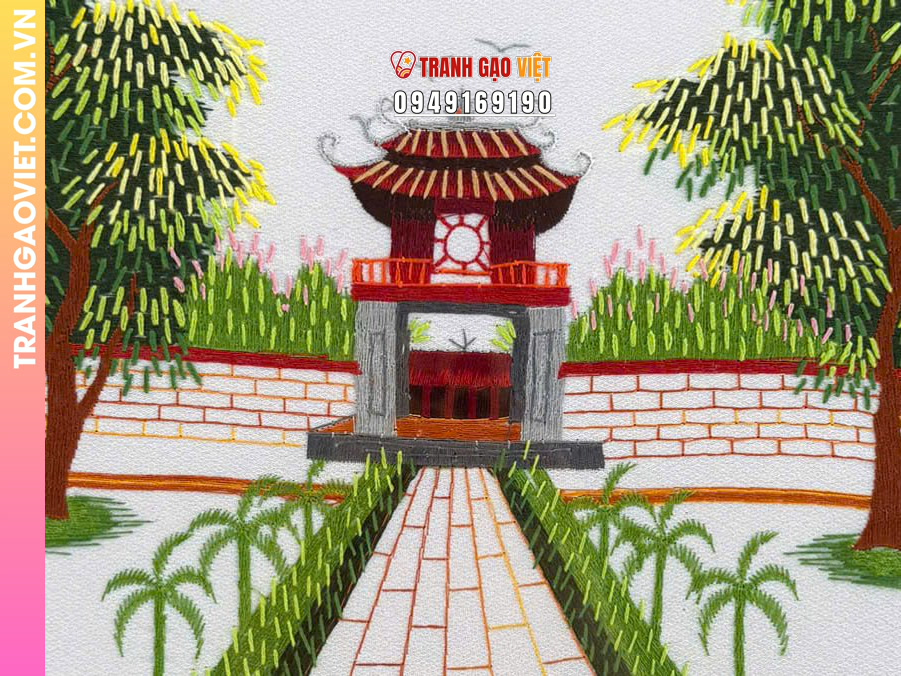 Tranh thêu tay Khuê Văn Các Văn Miếu Quốc Tử Giám Hà Nội size ngang - Ảnh 3