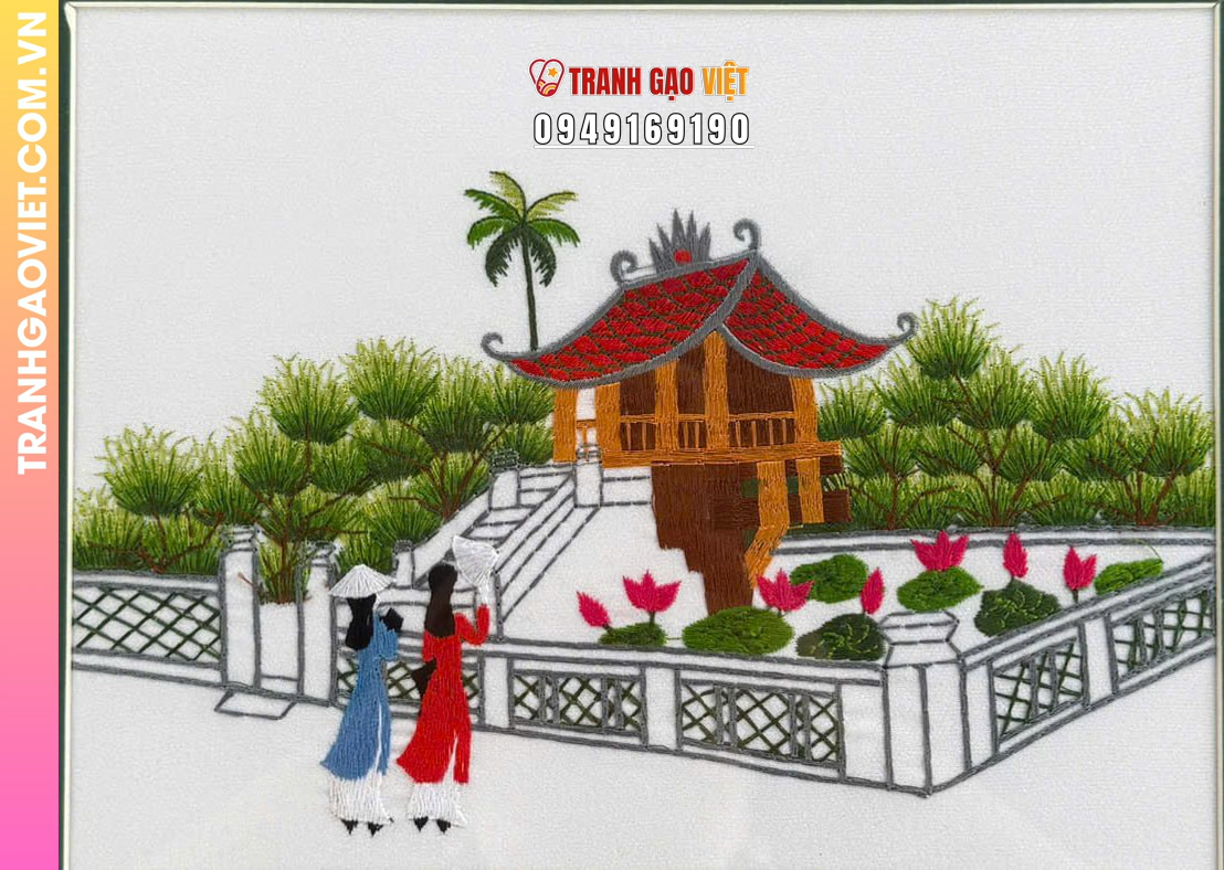 Tranh thêu tay Chùa Một Cột và hai cô gái áo dài - Ảnh 2
