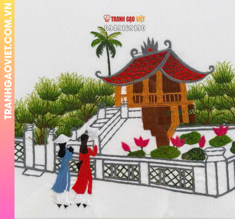 Tranh thêu tay Chùa Một Cột và hai cô gái áo dài - Ảnh 3