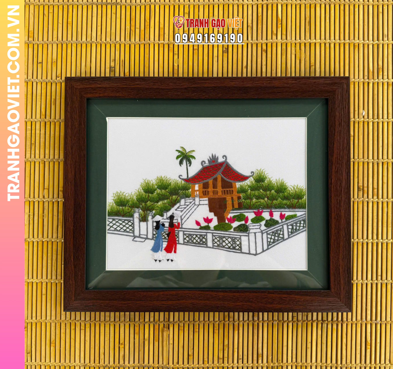 Tranh thêu tay Chùa Một Cột và hai cô gái áo dài