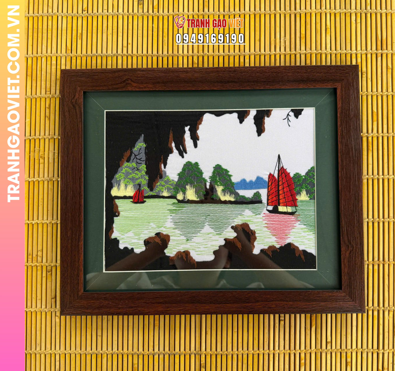 Tranh thêu tay phong cảnh Vịnh Hạ Long nhìn từ hang động