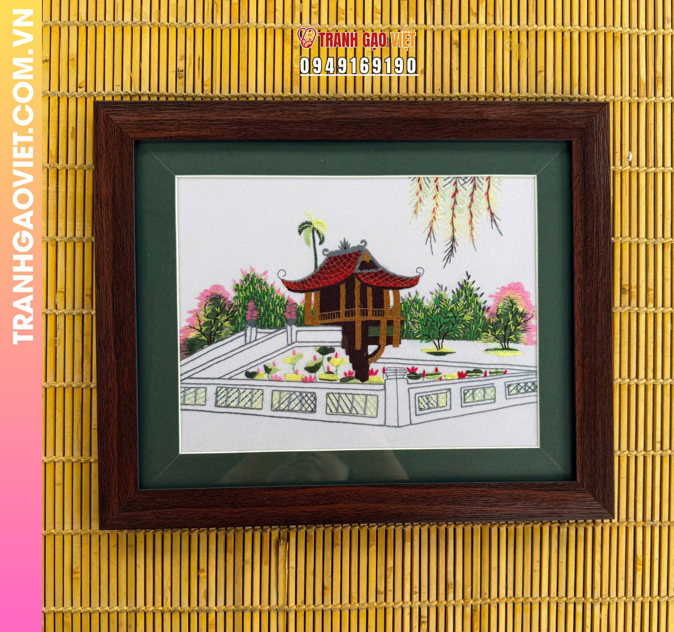 Tranh thêu tay Chùa Một Cột Hà Nội và hồ sen ngát tỏa