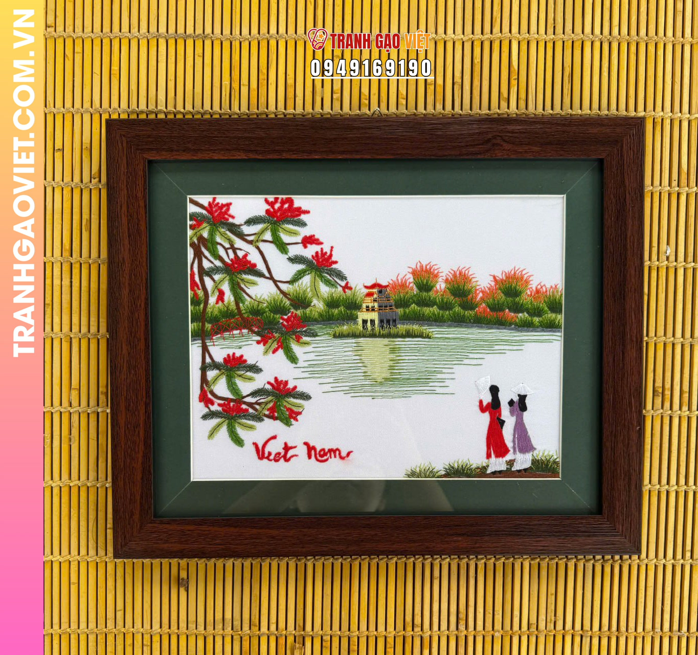 Tranh thêu tay Tháp Rùa Hồ Gươm và thiếu nữ áo dài bên hoa phượng