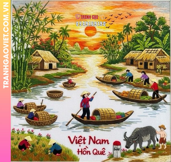 Tranh thêu tay Việt Nam Hồn Quê cảnh họp chợ trên sông - Ảnh 2