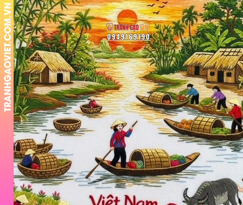 Tranh thêu tay Việt Nam Hồn Quê cảnh họp chợ trên sông - Ảnh 3