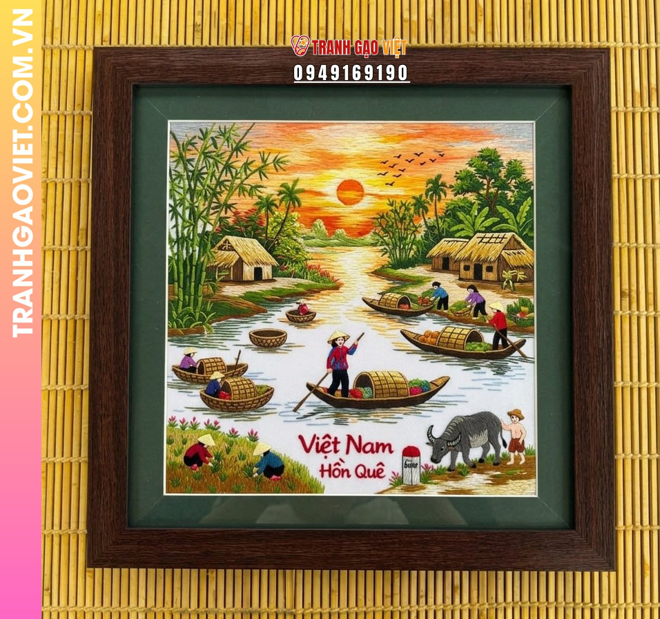 Tranh thêu tay Việt Nam Hồn Quê cảnh họp chợ trên sông