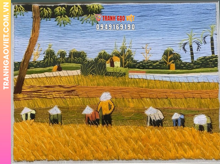 Tranh thêu tay phong cảnh ngày mùa trên cánh đồng lúa chín vàng - Ảnh 2