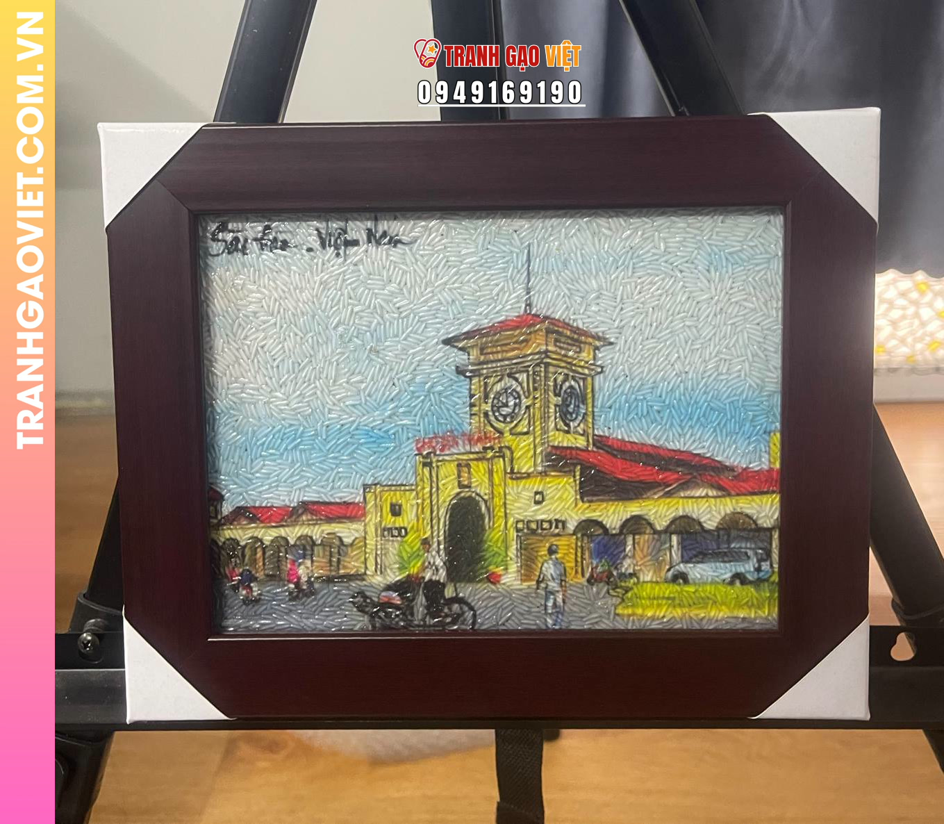 Tranh gạo Chợ Bến Thành để bàn 20x25 cm