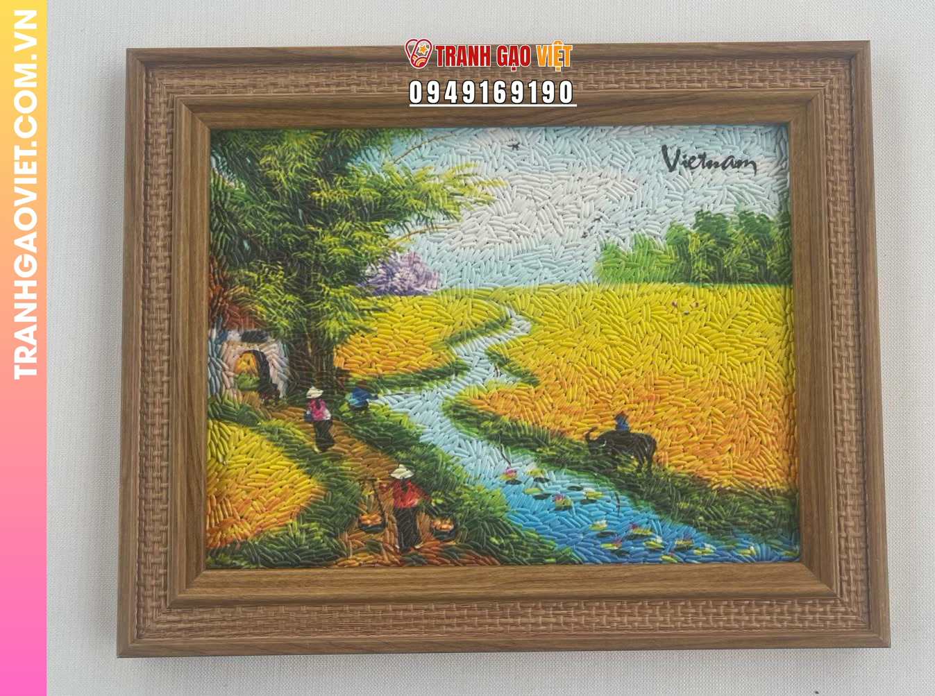 Tranh gạo phong cảnh cánh đồng quê Việt Nam