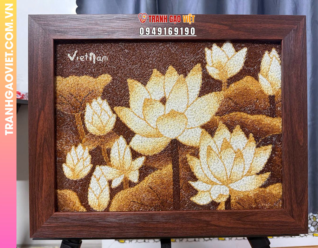 Tranh gạo Hoa Sen tặng Phật Tử bản 30x40 cm