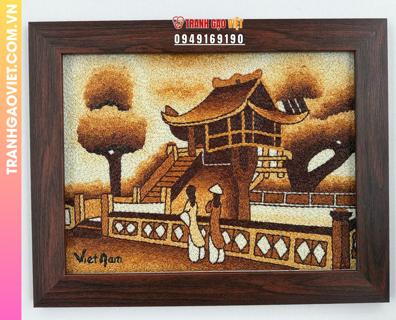 Tranh gạo Chủa Một Cột khung nâu kích cỡ 30x40 cm - Ảnh 2