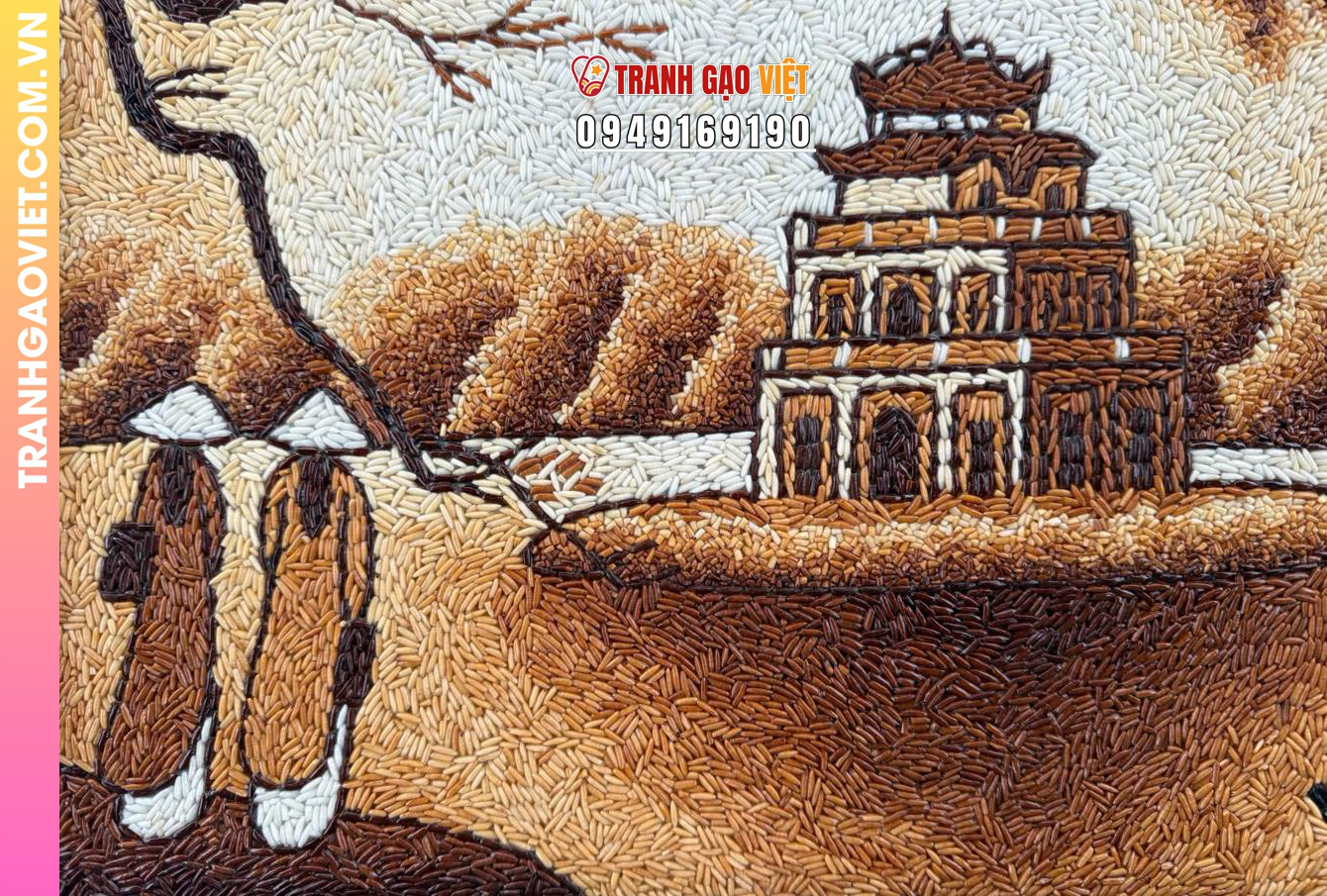 Tranh gạo Tháp Rùa Việt Nam khung nâu bản 30x40 cm - Ảnh 3