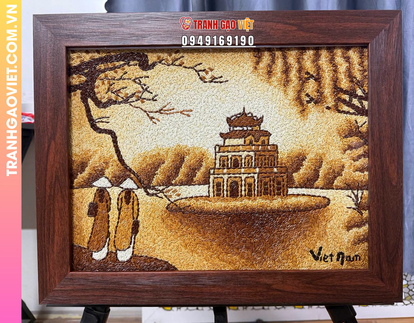 Tranh gạo Tháp Rùa Việt Nam khung nâu bản 30x40 cm