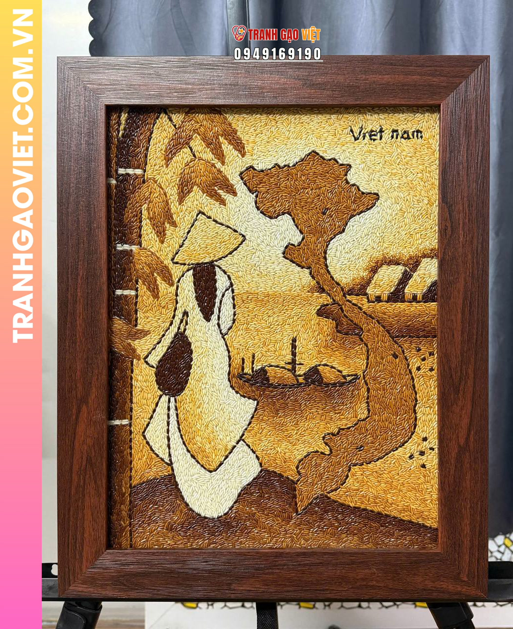 Tranh gạo Áo Dài và Bản đồ Việt Nam khung tranh nâu bản 30x40 cm